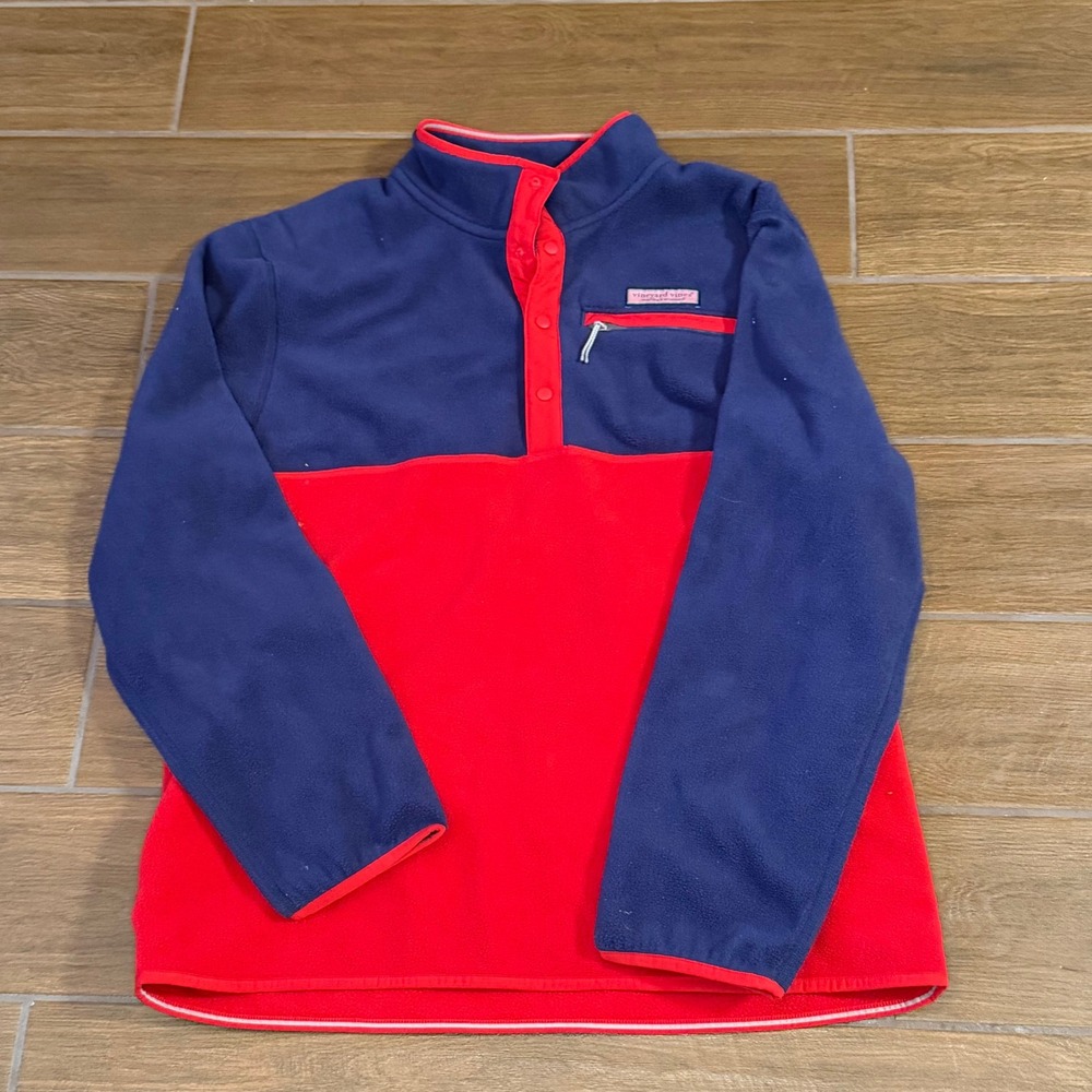 Vineyard Vines Mens Shep Fleece Pullover Navy Red Colorblock Snap Mock Neck L